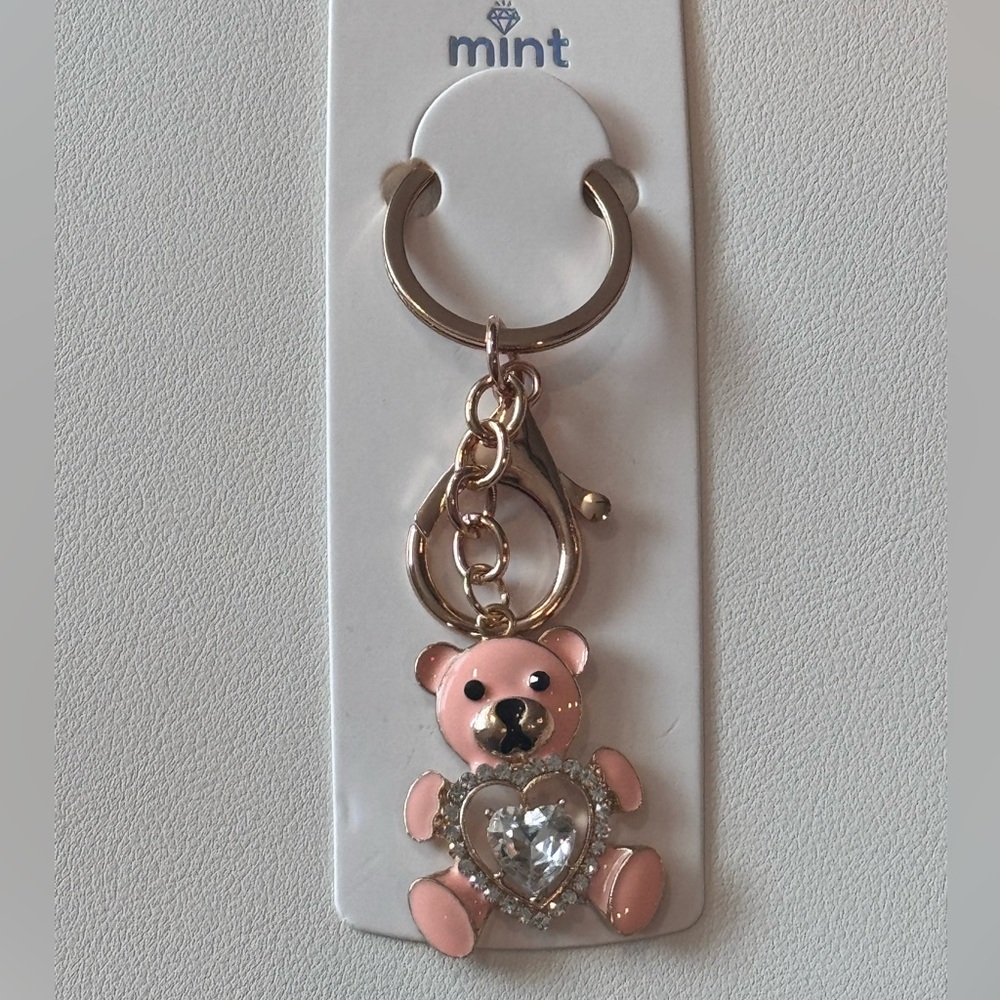 Mint BAG CHARM Sparkly Heart Bear Keychain/Purse Charm pink